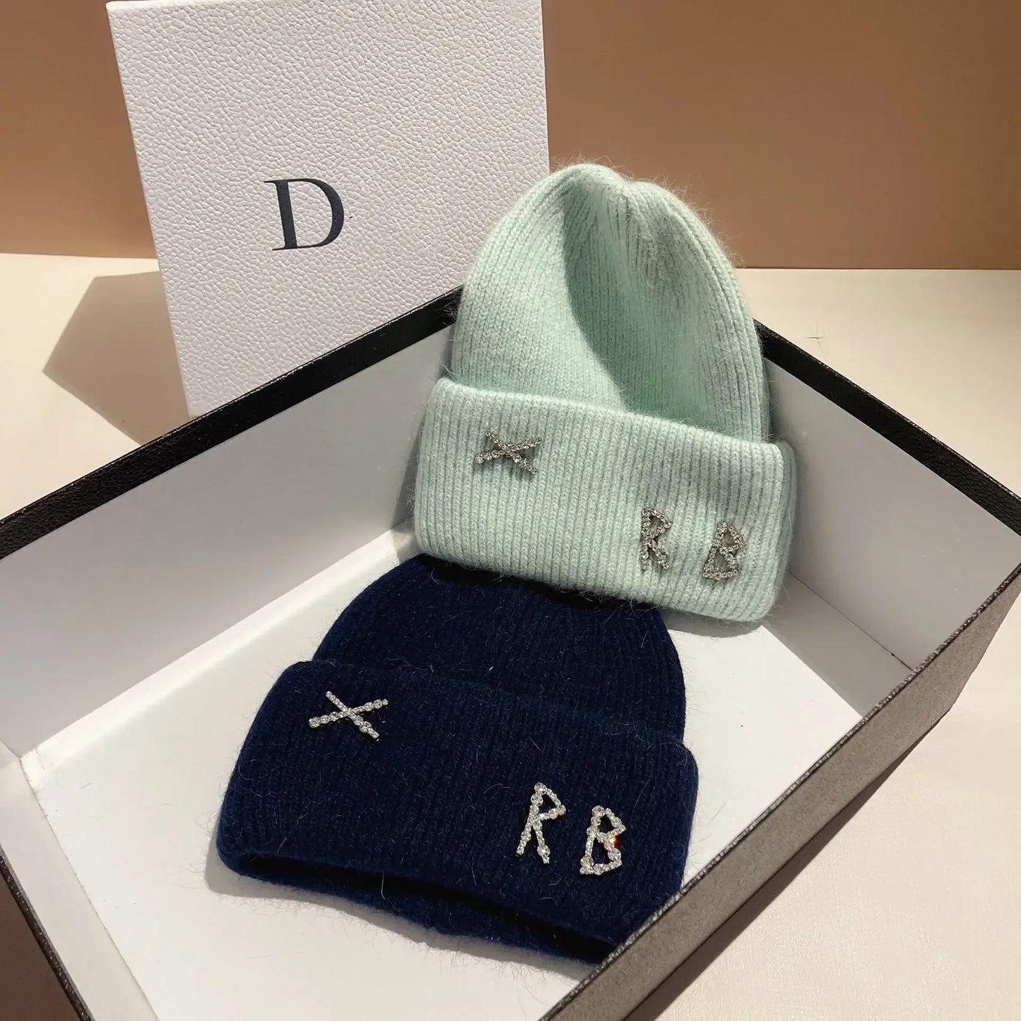 Luxury Rabbit Fur Beanie with Diamond Letters for Women - Cozy Winter Knitted Hat for Casual Outdoor Activities.