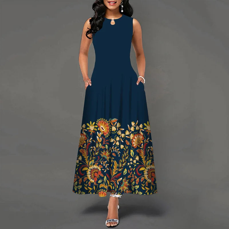 Flower Print New Casual Sleeveless Long Dress Women's V-Neck Printed Dress Swing Bohemian Retro Dresses - Elevate Your Body