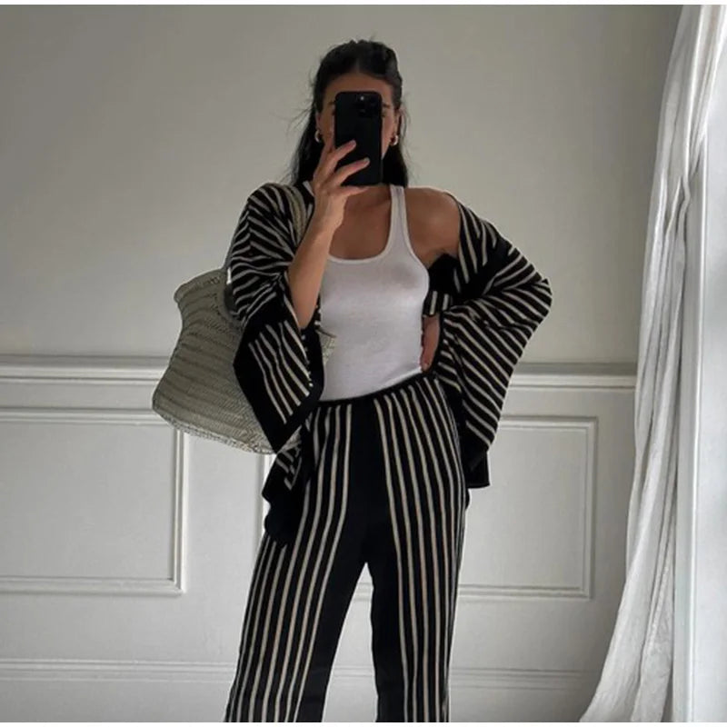 Casual Loose Striped Shirts Women Single Breasted Long Flare Sleeve O-neck Blouses 2024 Autumn New Female All-match Street Tops - Elevate Your Body