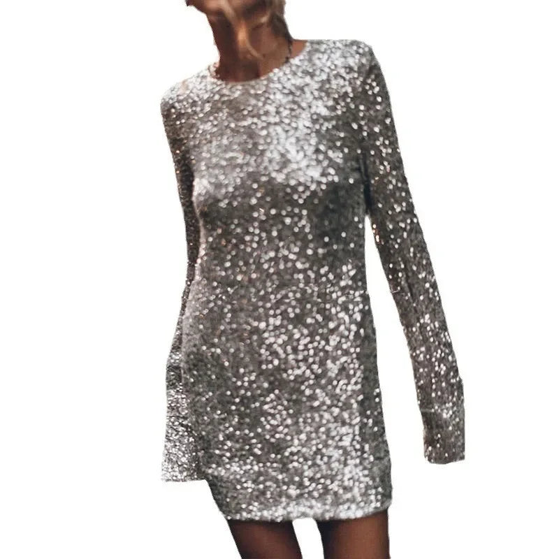 Fashion Silver Shiny Slim Fit Short Dress Women O Neck Long Sleeve Back Hollow Out Sequins Party Dresses 2024 Autumn Winter Gown.