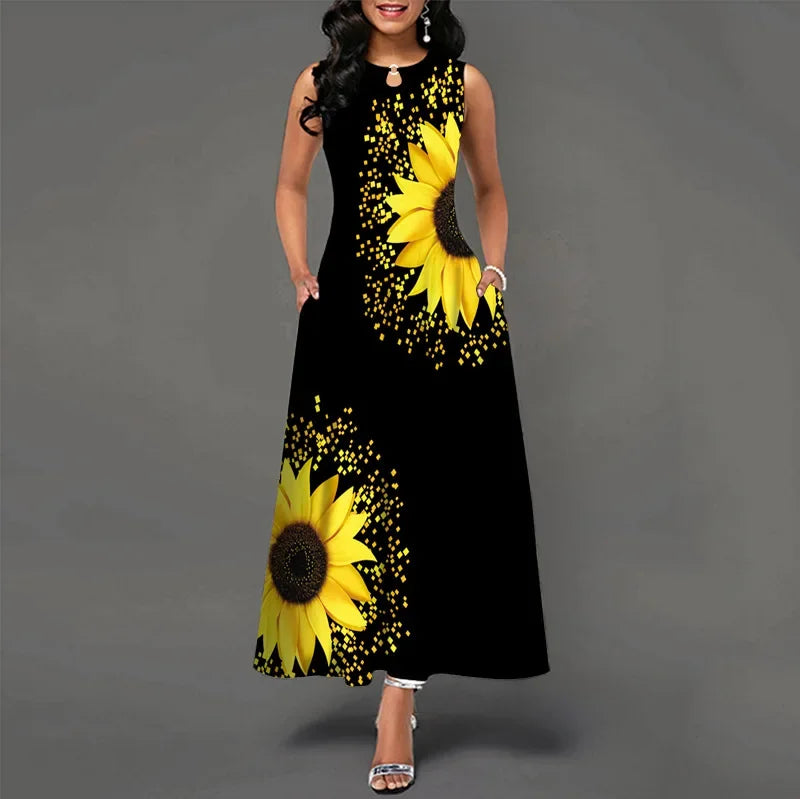 Flower Print New Casual Sleeveless Long Dress Women's V-Neck Printed Dress Swing Bohemian Retro Dresses.