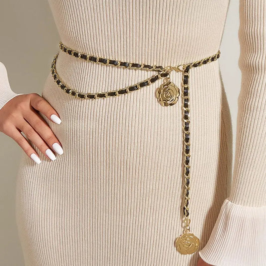 Punk Style Adjustable Metal Waist Chain Belt with Flower Pendant for Women.