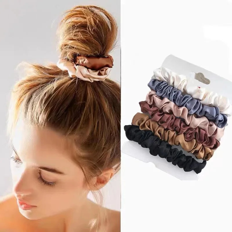 6-Pack Stylish Silk-Like Hair Scrunchies for Women - Solid Color Elastic Ponytail Holders and Accessories.