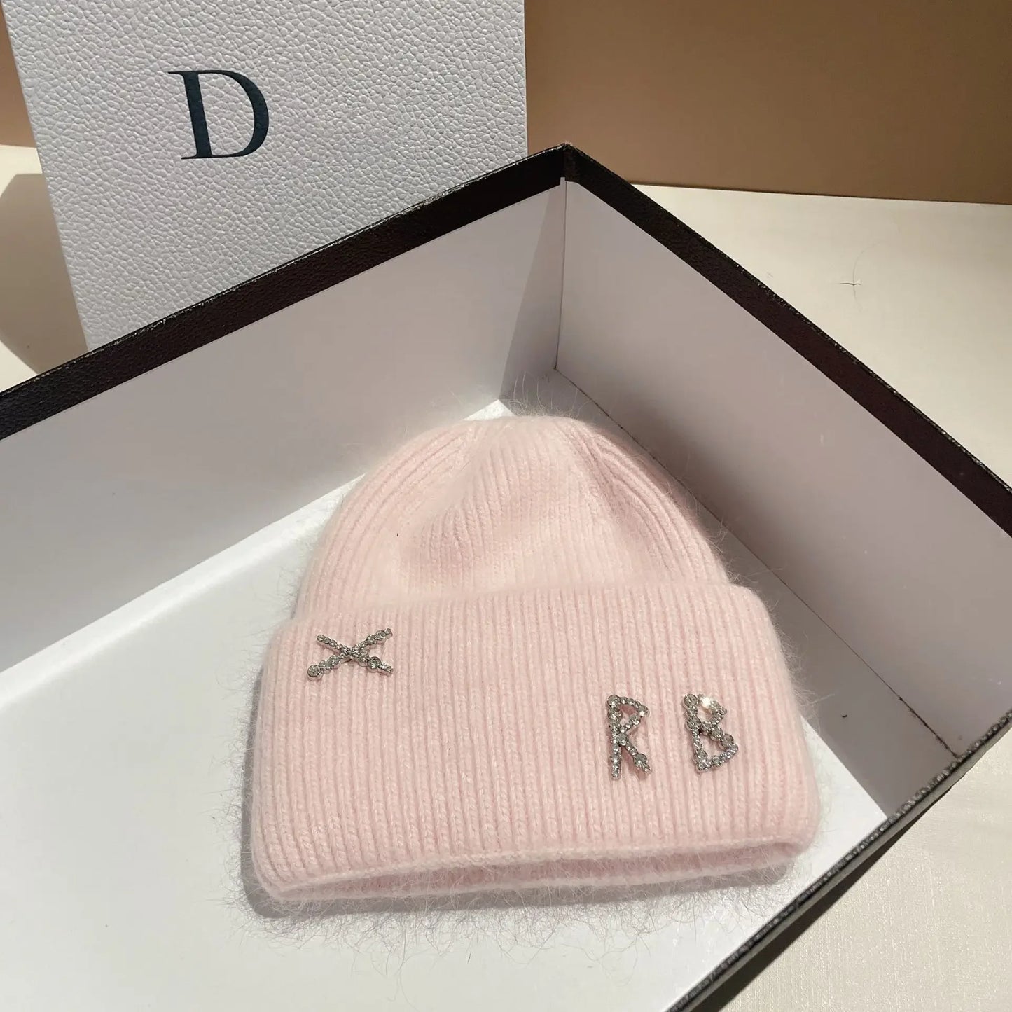 Luxury Rabbit Fur Beanie with Diamond Letters for Women - Cozy Winter Knitted Hat for Casual Outdoor Activities.