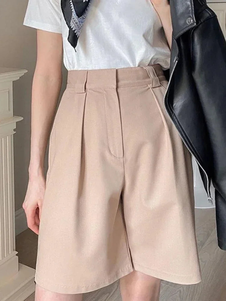 Women's Summer Shorts 2024 Long with High Waist Female Loose White Classic Knee-Length Office Wide Women's Shorts Black Candy.