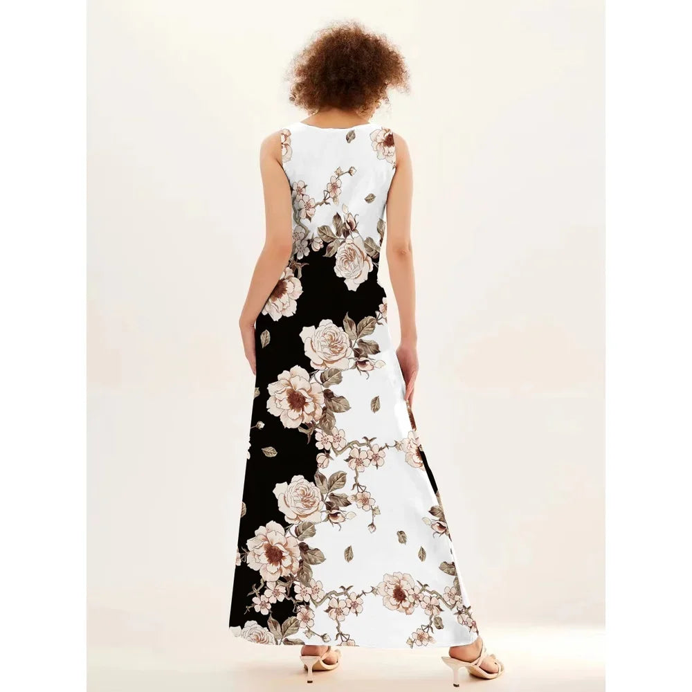 Flower Print New Casual Sleeveless Long Dress Women's V-Neck Printed Dress Swing Bohemian Retro Dresses.