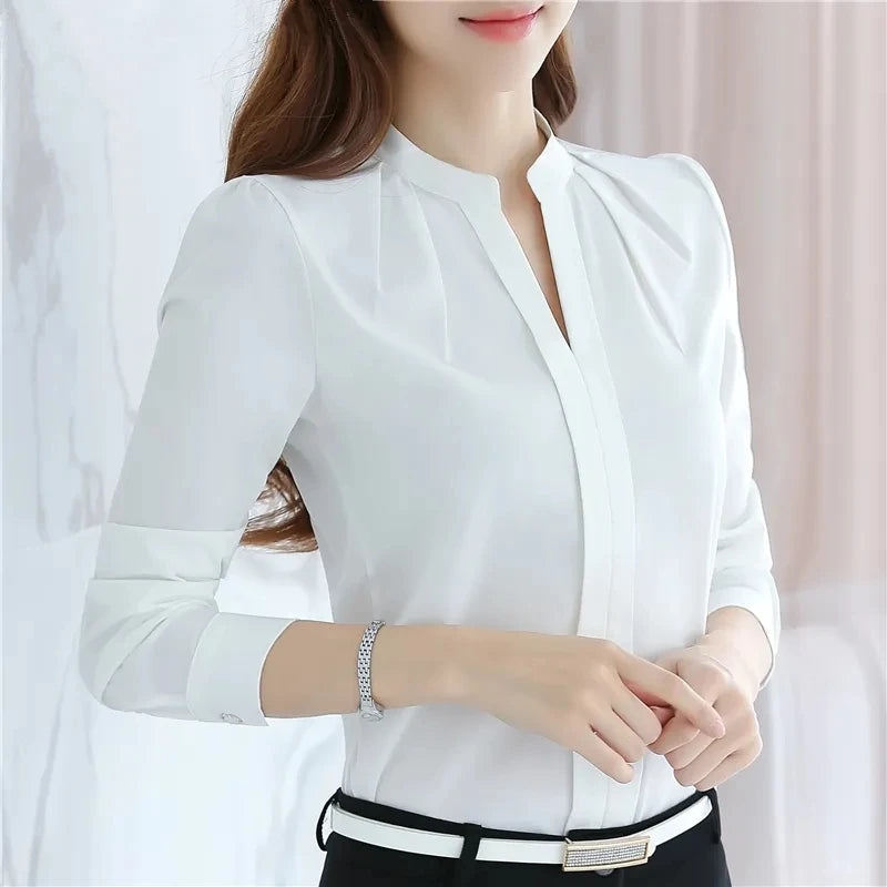 Chiffon Blouse Women Korean Fashion Women Clothing White Shirt  Long Sleeve Blouses V-neck Womens Tops Basic Shirts and Blouses.