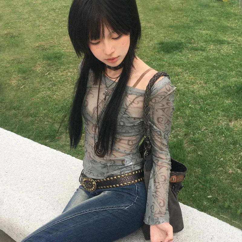 Karrram Grunge Aesthetics Mesh Tops Japanese Y2k Sheer Tops Vintage Harajuku See Through Crop Top Korean Fashion Tie Dye T-shirt.