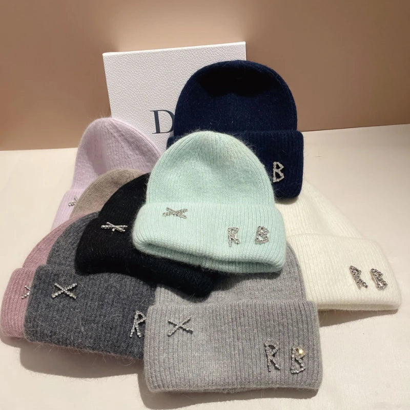 Luxury Rabbit Fur Beanie with Diamond Letters for Women - Cozy Winter Knitted Hat for Casual Outdoor Activities.