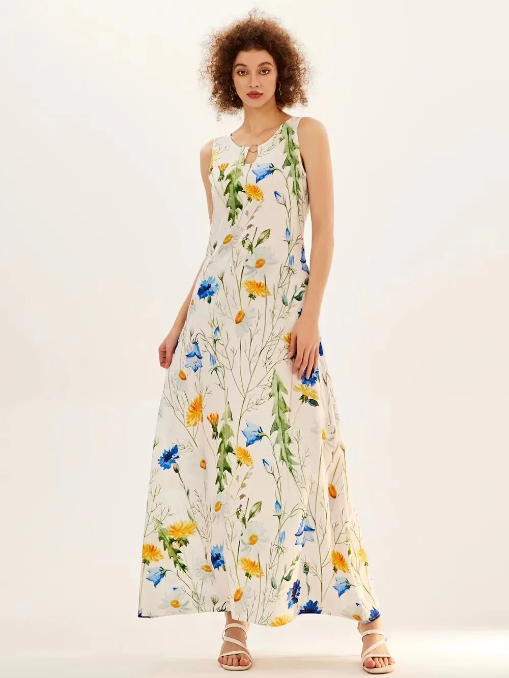 Flower Print New Casual Sleeveless Long Dress Women's V-Neck Printed Dress Swing Bohemian Retro Dresses - Elevate Your Body