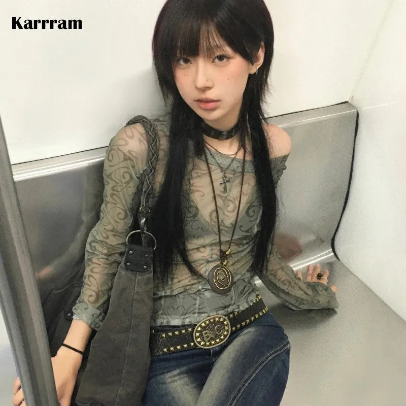 Karrram Grunge Aesthetics Mesh Tops Japanese Y2k Sheer Tops Vintage Harajuku See Through Crop Top Korean Fashion Tie Dye T-shirt.