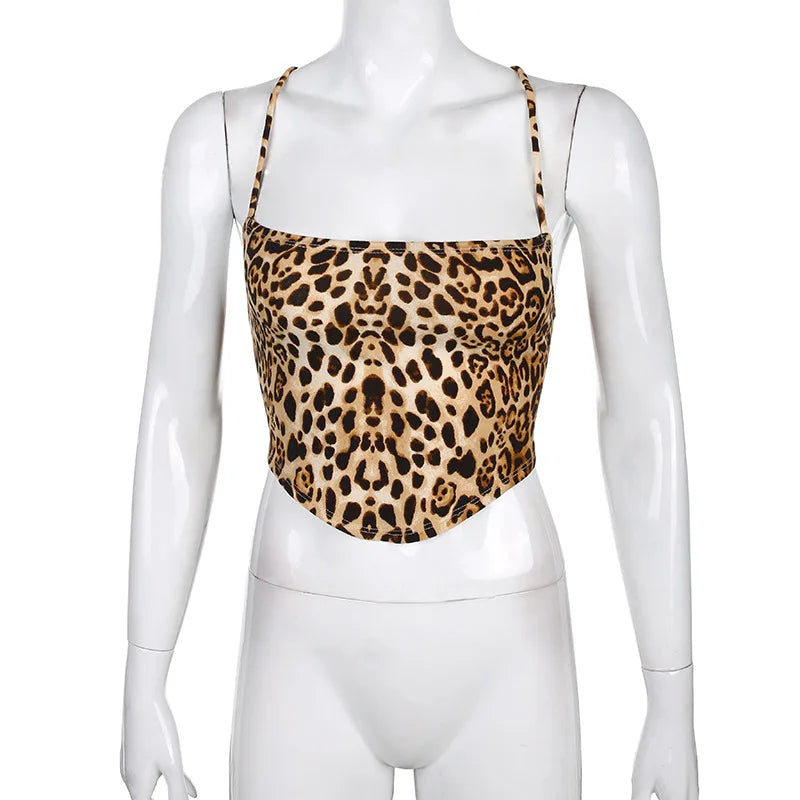 Leopard Pattern Women Tank Tops Backless Sexy Rave Outfits Sleeveless Cross Lace Up Bralette Crop Top Summer Streetwear.