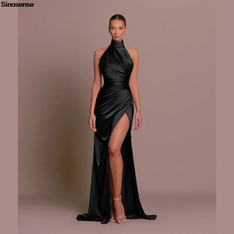 Women Elegant Long Evening Cocktail Party Dress Sexy Halter Backless Ruched High Split Bodycon Wedding Guest Bridesmaid Dress.