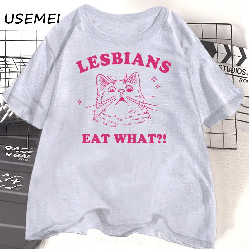 LGBT Lesbians Eat What Cat T Shirts Funny Gay Pride T-Shirts LGBTQ 90s Cat Lover Graphic T Shirts Aesthetic Women's Clothing Top.