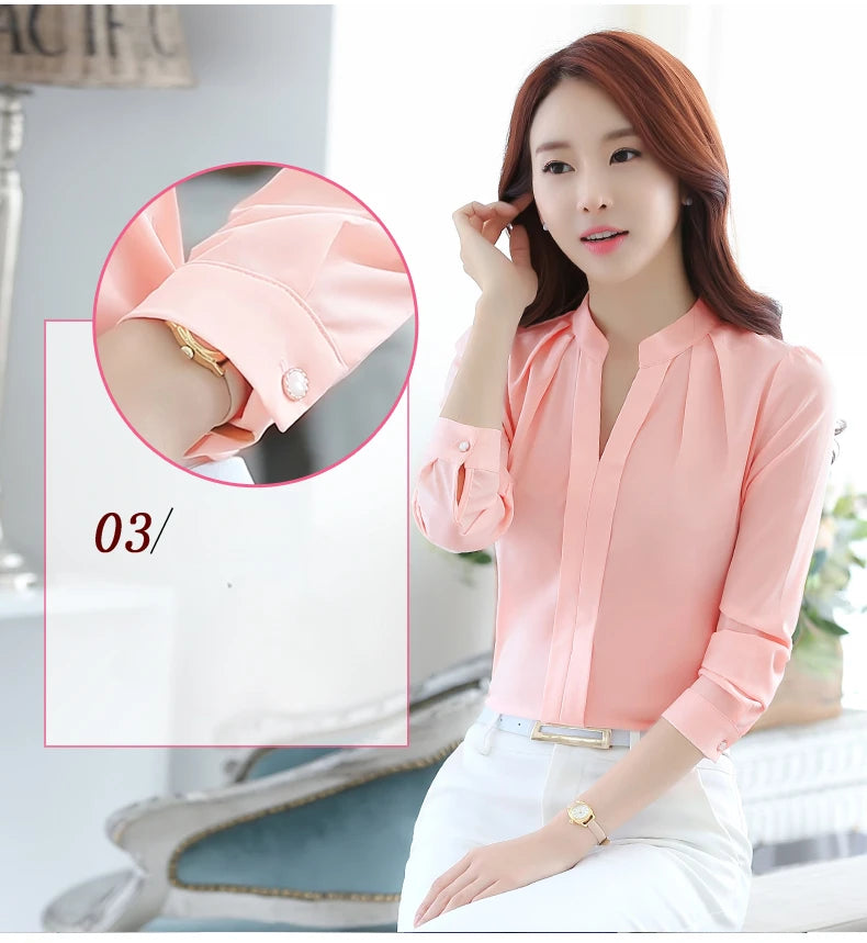 Chiffon Blouse Women Korean Fashion Women Clothing White Shirt  Long Sleeve Blouses V-neck Womens Tops Basic Shirts and Blouses.