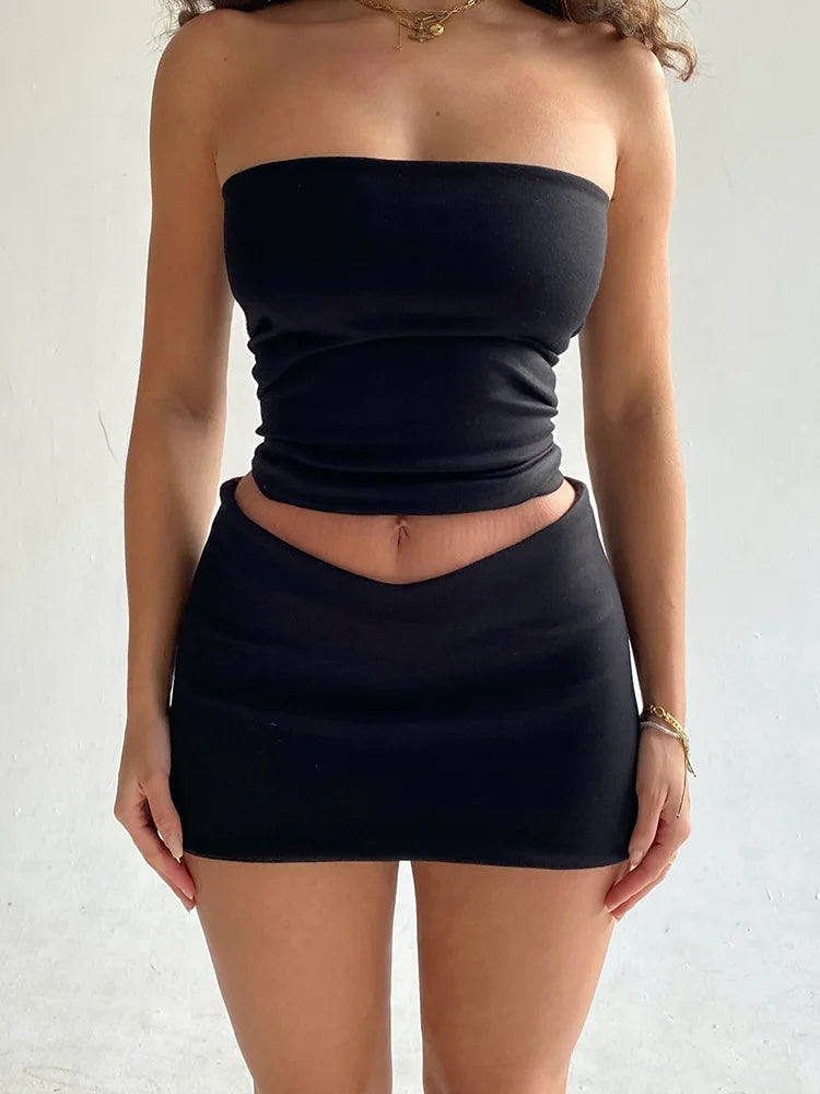 Hugcitar Solid Sleeveless Folds Tube Crop Top Skirts 2 Piece Matching Set Summer Fashion Streetwear Beach Clothing Drop Shipping.