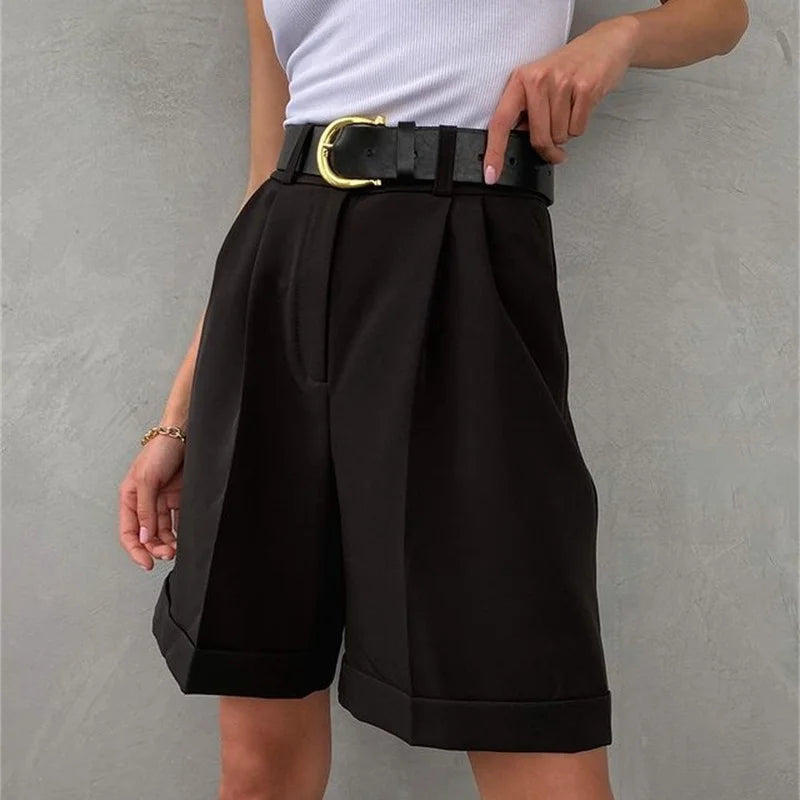 Women's Summer Shorts 2024 Long with High Waist Female Loose White Classic Knee-Length Office Wide Women's Shorts Black Candy.