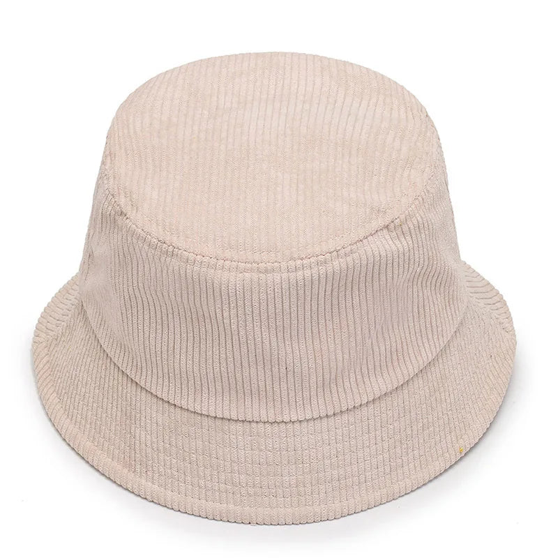 Unisex Smile Embroidered Bucket Hat - Double-Sided Cotton Corduroy Bob Cap for Beach, Fishing, and Casual Outings