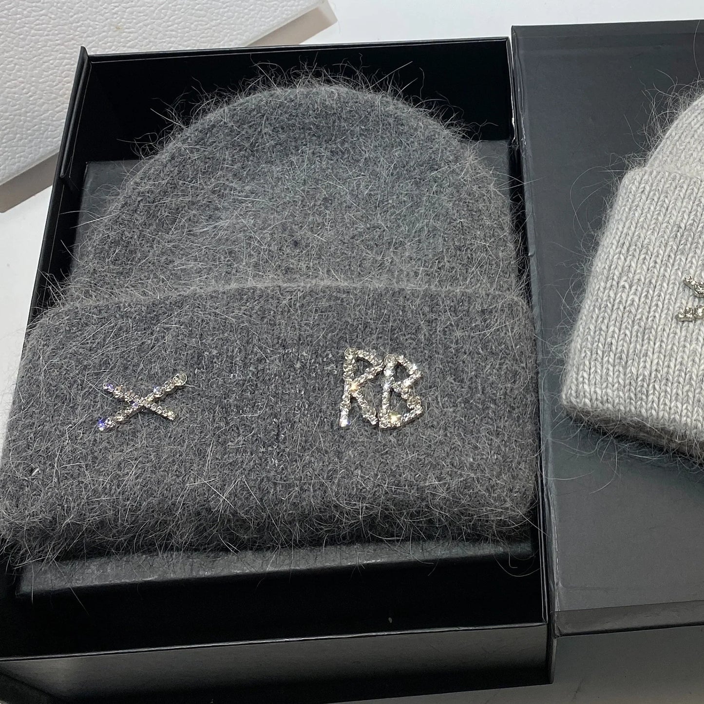 Luxury Rabbit Fur Beanie with Diamond Letters for Women - Cozy Winter Knitted Hat for Casual Outdoor Activities.