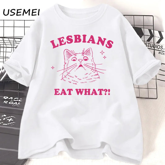 LGBT Lesbians Eat What Cat T Shirts Funny Gay Pride T-Shirts LGBTQ 90s Cat Lover Graphic T Shirts Aesthetic Women's Clothing Top.