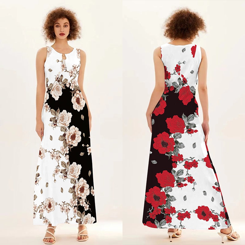 Flower Print New Casual Sleeveless Long Dress Women's V-Neck Printed Dress Swing Bohemian Retro Dresses - Elevate Your Body