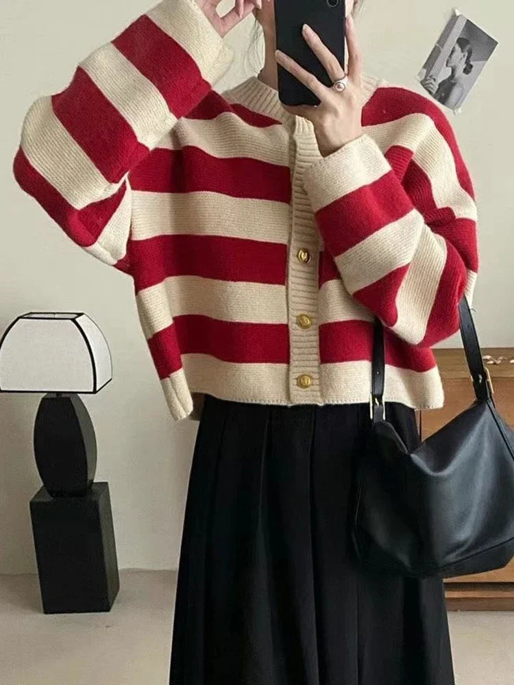 Korean fashion sweater cardigan women knitted striped sweater autumn winter long sleeve loose short cardigans female casual tops - Elevate Your Body