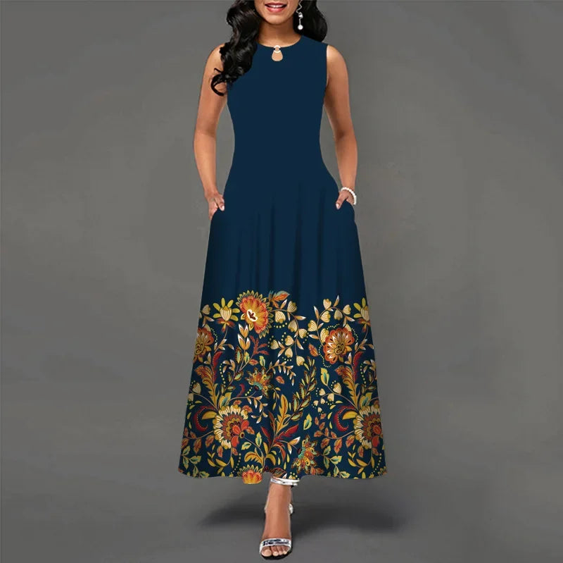 Flower Print New Casual Sleeveless Long Dress Women's V-Neck Printed Dress Swing Bohemian Retro Dresses.