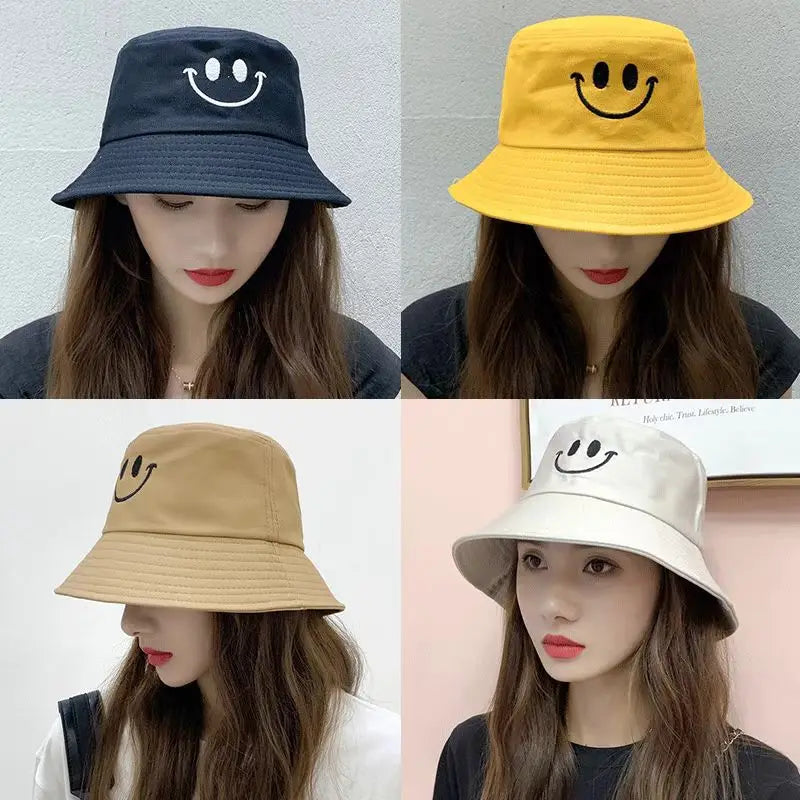 Unisex Smile Embroidered Bucket Hat - Double-Sided Cotton Corduroy Bob Cap for Beach, Fishing, and Casual Outings.