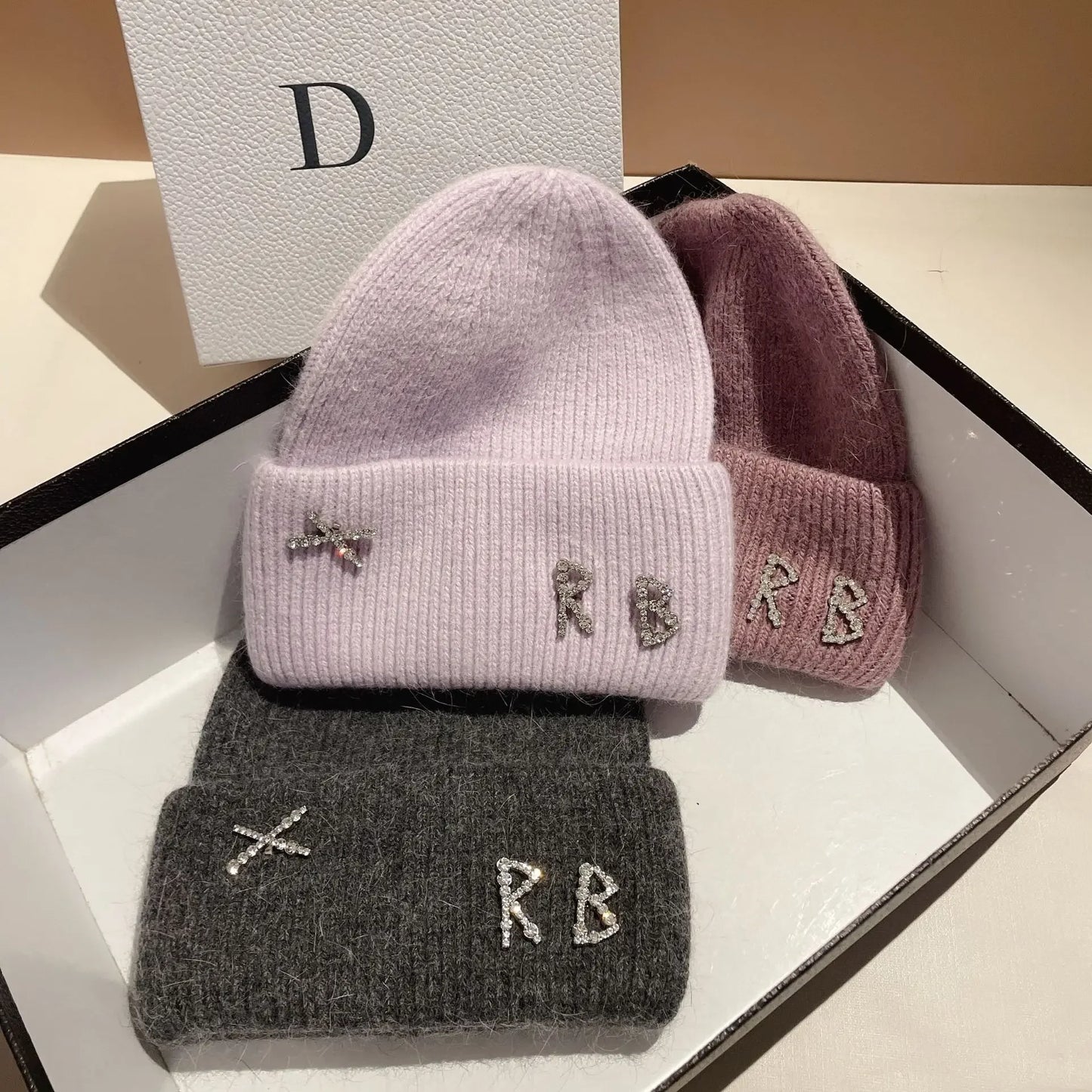 Luxury Rabbit Fur Beanie with Diamond Letters for Women - Cozy Winter Knitted Hat for Casual Outdoor Activities