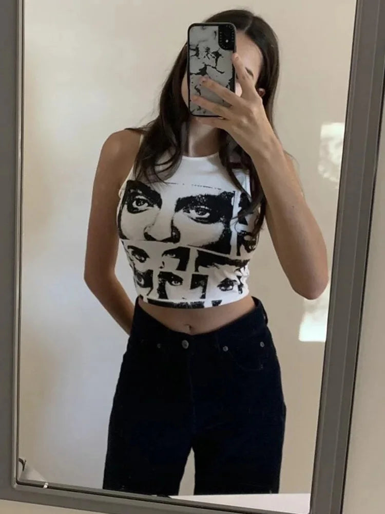 High Street Style Y2K Figure Graphic Crop Top Women Summer Clothes Korean Fashion Sleeveless Tank Top Tee Shirt Streetwear 2024.