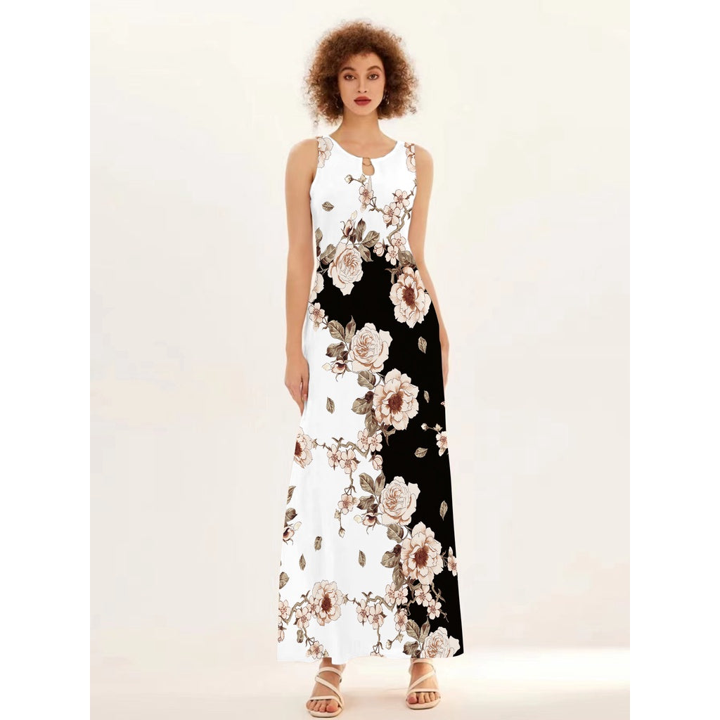 Flower Print New Casual Sleeveless Long Dress Women's V-Neck Printed Dress Swing Bohemian Retro Dresses - Elevate Your Body