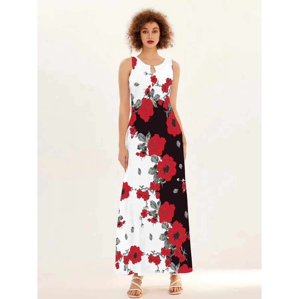 Flower Print New Casual Sleeveless Long Dress Women's V-Neck Printed Dress Swing Bohemian Retro Dresses - Elevate Your Body