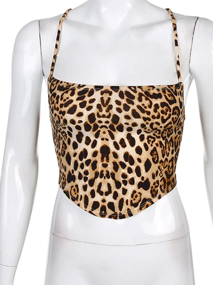 Leopard Pattern Women Tank Tops Backless Sexy Rave Outfits Sleeveless Cross Lace Up Bralette Crop Top Summer Streetwear.