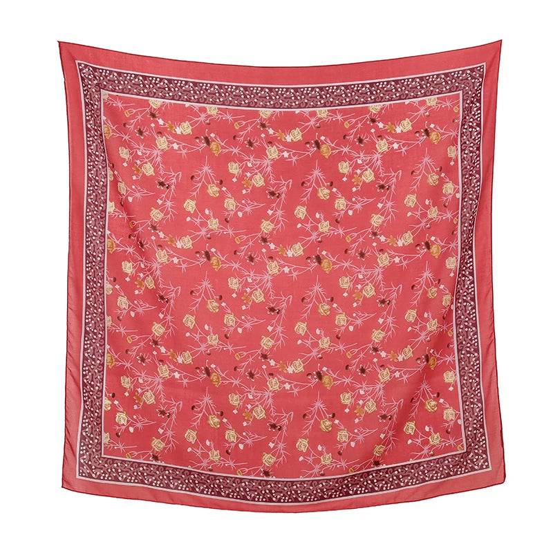 110x110cm Floral Printed Cotton Linen Scarf for Women - Versatile Neckerchief, Turban, and Headband.