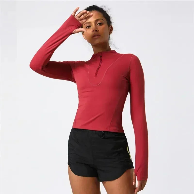 Lemon Women Fitness Long Sleeve Shirt Sports Top Slim Running Front Zip Yoga Shirt Thumb Hole Athletic Tights Running Gym Clothe.