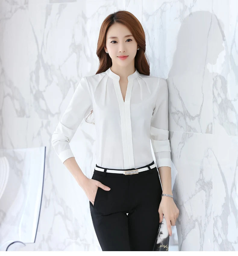 Chiffon Blouse Women Korean Fashion Women Clothing White Shirt  Long Sleeve Blouses V-neck Womens Tops Basic Shirts and Blouses - Elevate Your Body