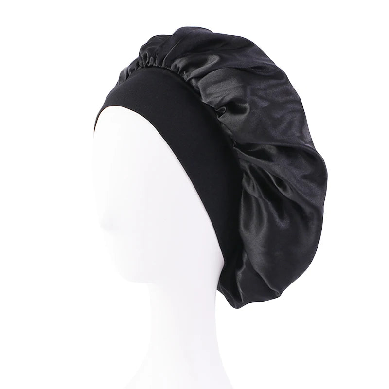 Satin Solid Wide-Brimmed Unisex Sleeping Hat - Elastic Band Hair Care Bonnet for Night Use.