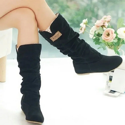 2024 New Mid-tube Snow Boots Hollow Cotton Thread Hook Lace Frosted Lady Boots Large Size Women's Shoes.