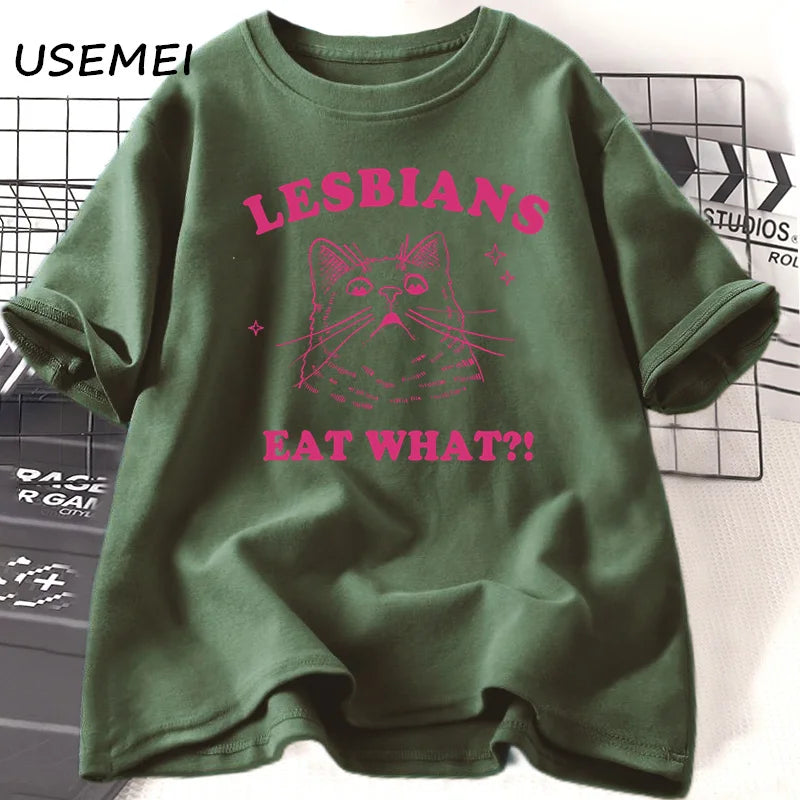 LGBT Lesbians Eat What Cat T Shirts Funny Gay Pride T-Shirts LGBTQ 90s Cat Lover Graphic T Shirts Aesthetic Women's Clothing Top.