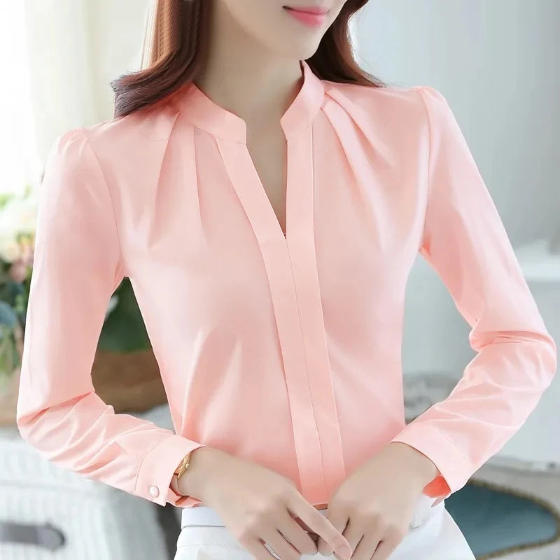 Chiffon Blouse Women Korean Fashion Women Clothing White Shirt  Long Sleeve Blouses V-neck Womens Tops Basic Shirts and Blouses.