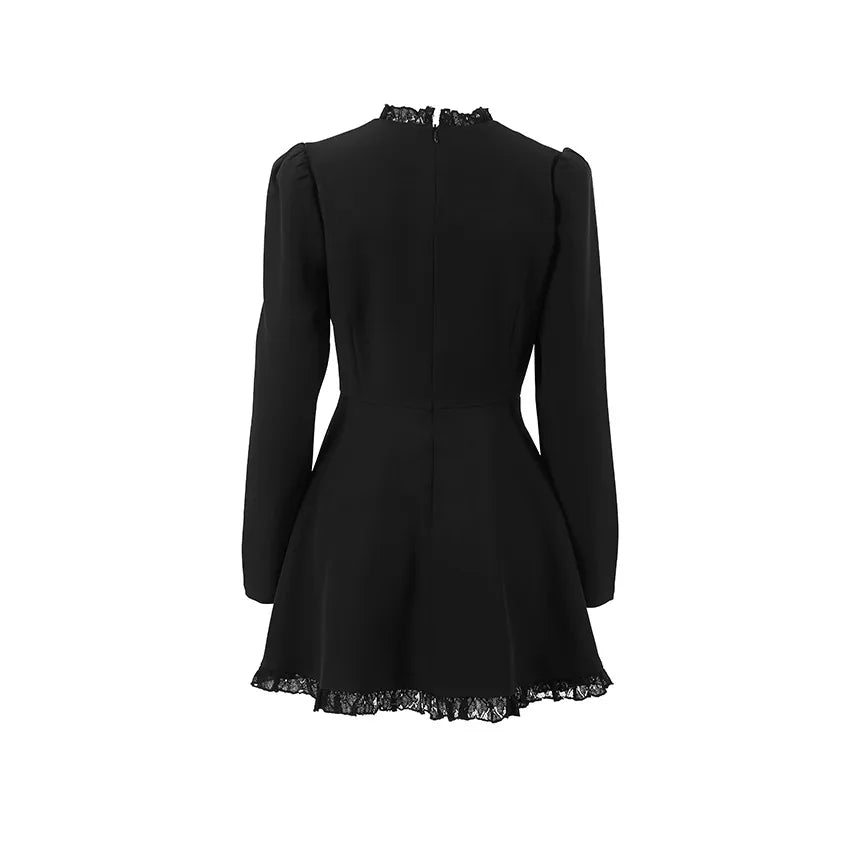 Autumn And Winter New Black Round Neck Lace Hem Design A-line Skirt 2024 Slim Fit Commuting Dress Cross-Border Women's Clothing.